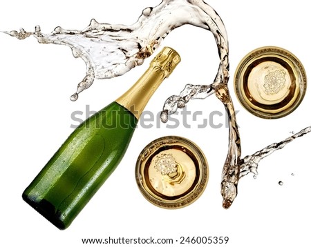 Splash over champagne bottle and two glasses