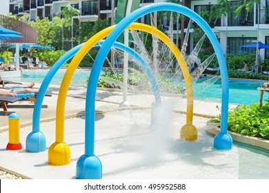 Splash Pad Or Sprayground In Pool Water Park For Kids, Children Activity Background Concept