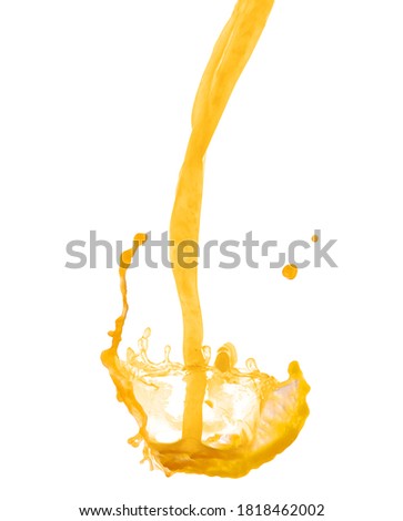 Splash and pouring orange juice on white