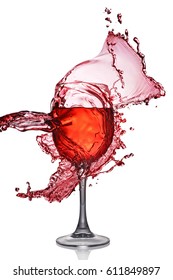 Splash of red wine in glass isolated on white background