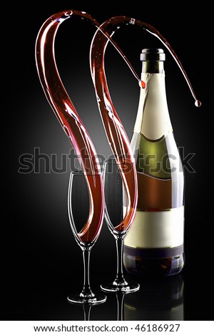 Splash of shampagne with bottle and 2 glasses