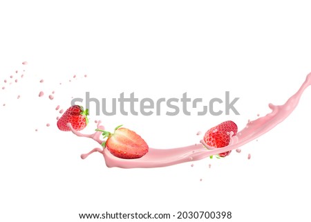 Splash of strawberry milk with berries on white background