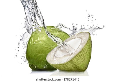 Splash Of Water On Green Coconut Isolated On White