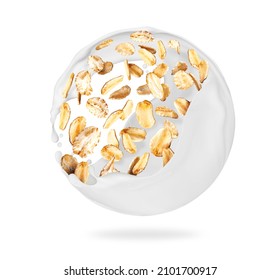 Splashes Of Milk In Spherical Shape With Oat Flakes