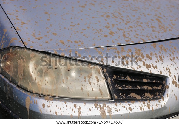 Splashes\
of mud. Close up of a dirty headlight of gray car with muddy\
splash. Car wash concepts. - Background\
texture