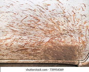 Splashes Of Mud. Close Up Of A Dirty White Car With Muddy Splash. Car Wash Concepts. - Background Texture.