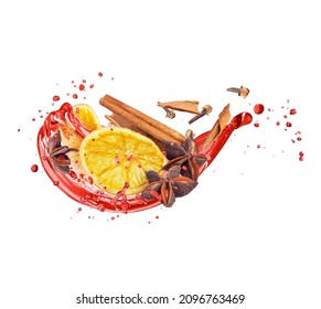 Splashes of mulled wine with ingredients isolated on a white background