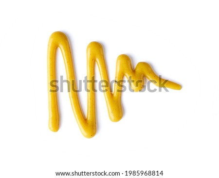 Splashes of mustard isolated on white background, top view
