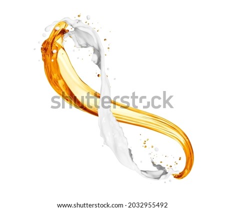 Splashes of oily liquid with milk splash on white background