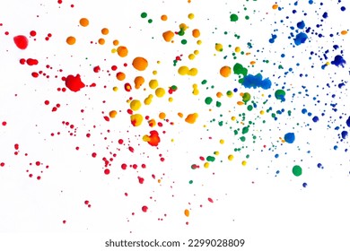 Splashes of paint on a white background. Colored spots of paint on a white background. There are many drops of colored paint on white paper.