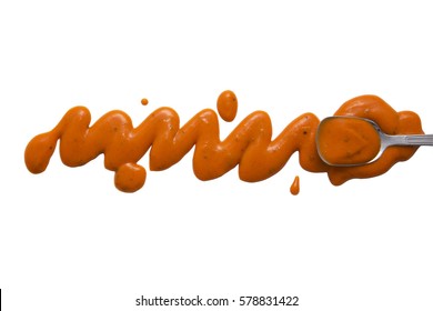 Splashes And Spilled Buffalo Sauce With A Spoon. Isolated On White Background. Flat Lay, Top View