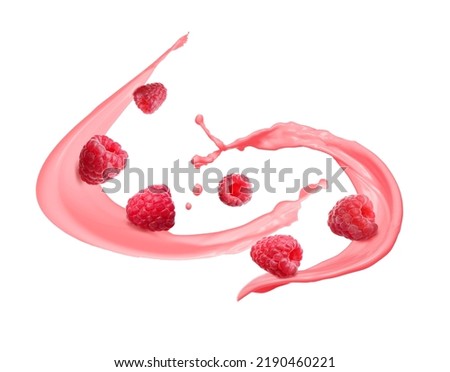 Splashes of tasty raspberry yogurt and fresh berries on white background