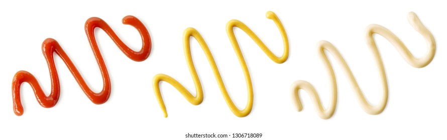 Splashes of tomato ketchup, mayonnaise and mustard isolated on white background, top view