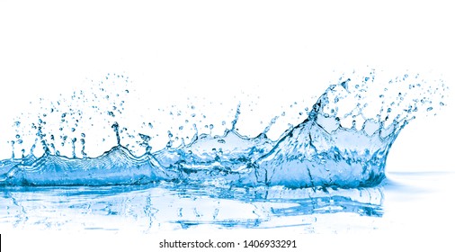 splashing blue water with reflection on white background