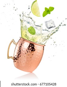 Splashing Moscow Mule Cocktail In Copper Mug Isolated