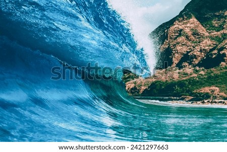 Splashing sea wave rolling rocky coast.