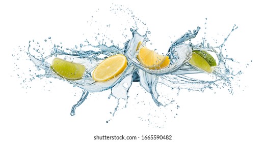 Splashing Of Water Waves With Lemon Slices, Isolated On White