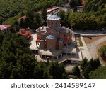 Splendid drone aerial capture of the holy church monastery of Panagia Soumela, in the village of Kastania of Veria.
