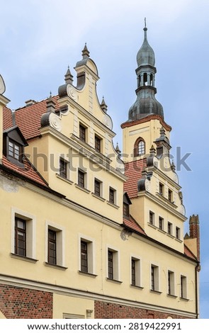 Splendid facade of the constantly rebuilt and extended historical city hall in Gubin