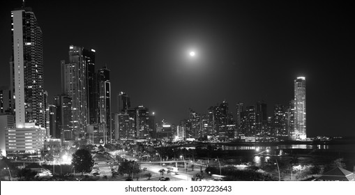 Splendid panorama scenery of Panama City at night. Black and white photography.