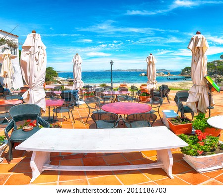 Splendid view of  Porto Rafael resort from beach bar. Famous travel destination. Location: Porto Rafael, Olbia Tempio province, Sardinia, Italy, Europe