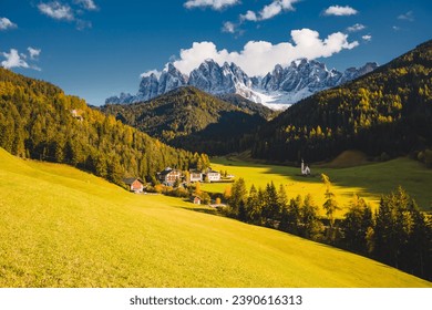 Splendid view of the valley St. Magdalena village. Location place Val di Funes (Villnob), National park Puez Odle, Dolomites, Trentino-Alto Adige, Italy, Europe. Photo of beauty of the earth.