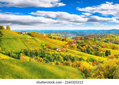 Splendid Vineyards Landscape In South Styria Near Gamlitz. Autumn Scene Of Grape Hills In Popular Travell Destination Eckberg. Location: Gamlitz, District Of Leibnitz In Styria, Austria. Europe.