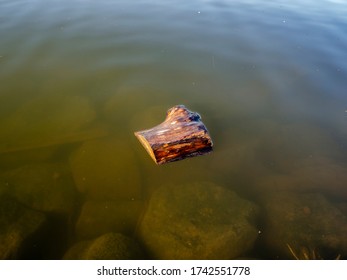 splinters of tree trunks washed away on the surface of the lake due to heavy rain on the previous day