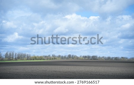 Split background of dark tilled soil and vibrant green crop with a cluster of trees and clouds.