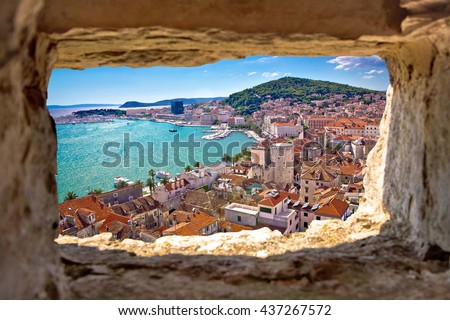 Split  bay aerial view through stone window, Dalmatia, Croatia