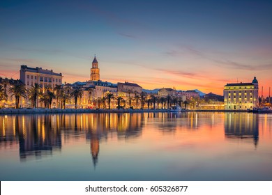 Split. Beautiful romantic old town of Split during beautiful sunrise. Croatia,Europe.