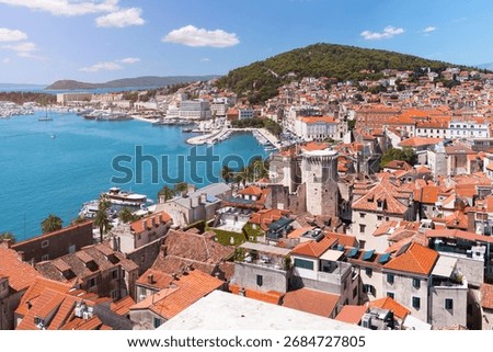 Split city panoramic view with old town and sea