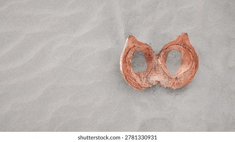 Split coconut shell on smooth beach sand with tropical minimal aesthetic and wide copy space for summer travel or nature themed designs.