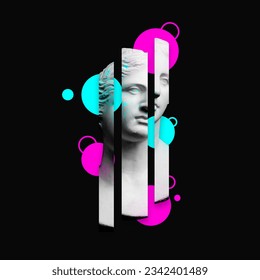 Split. Contemporary art collage with antique statue bust over dark mode background with abstract elements. Concept of creativity, inspiration, art, imagination, virtual reality, gadgets and future. Ad - Powered by Shutterstock