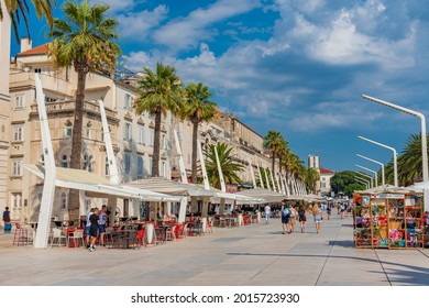 Split, Croatia, July 23, 2020: People Are Walking On Seaside Promenade In Split, Croatia