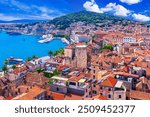 Split, Croatia: Panoramic cityscape of the old medieval city, waterfront and Marjan hill, Dalmatia, Adriatic sea