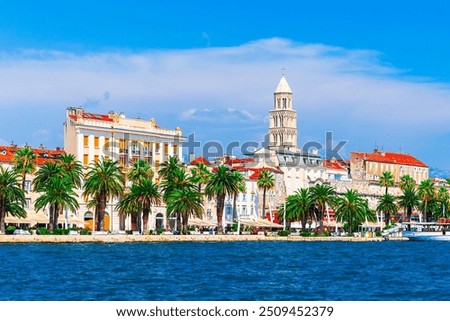 Split, Croatia: The second largest city of Croatia. Shore of the Adriatic Sea and famous Palace of the Emperor Diocletian with Mosor mountains in background, Dalmatia
