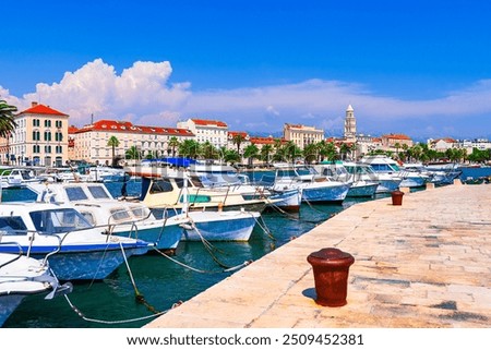 Split, Croatia: The second largest city of Croatia. Shore of the Adriatic Sea and famous Palace of the Emperor Diocletian with Mosor mountains in background, Dalmatia