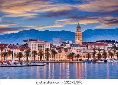 Split, Croatia. View of Split the second largest city of Croatia at night. Shore of the Adriatic Sea and famous Palace of the Emperor Diocletian. Traveling concept background. Mediterranean countries.
