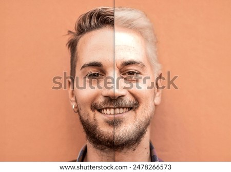 Split face of a young and old man illustrating the aging process. Half of the face shows youthfulness while the other half displays the effects of aging. A visual comparison of different life stages.