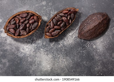 Split Fermented Cocoa Pod With Shelled Cacao Beans Atop Dark Grey Backdrop, Top View, Copy Space