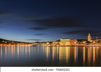 Split illuminated with evening lights.