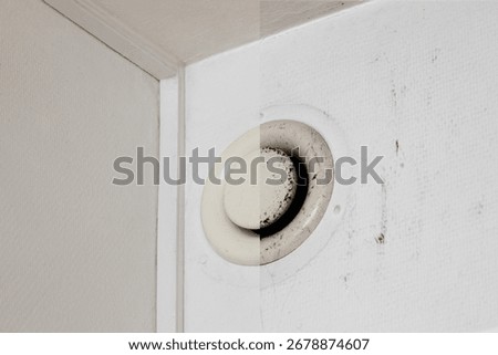 Split image comparing a dirty, mold-covered wall air vent and surrounding textured wall with its freshly cleaned, spotless, and pristine appearance.