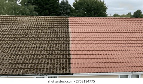 A split image highlights the difference between a neglected roof with dark buildup and a sparkling clean section of red tiles, Dark, Building, Split