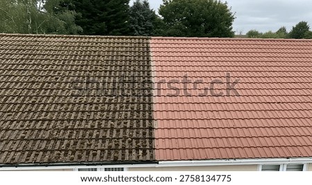 A split image highlights the difference between a neglected roof with dark buildup and a sparkling clean section of red tiles, Dark, Building, Split