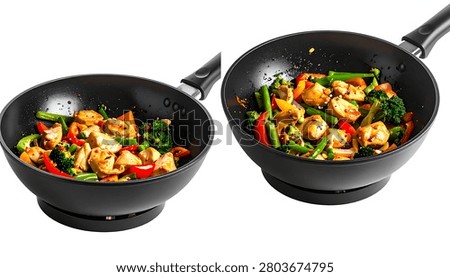 A split image showcasing two black wok pans, both brimming with a colorful and healthy stir-fry of chicken, broccoli, bell peppers, and other vegetables.