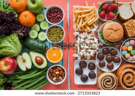 A split image showcasing a vibrant selection of fresh fruits and vegetables contrasted with processed junk food items.
