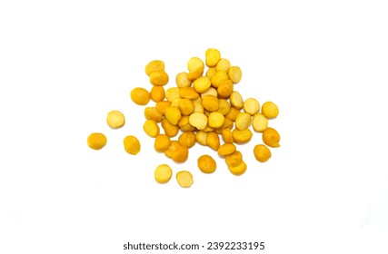 Split isolated on white background. Yellow Split Peas Scattered