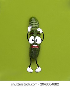 Split personality. Funny cute green cucumber shocked isolated over green background. Drawn vegetable in a cartoon style. Vitamins, vegan. Concept of funny meme emotions, healthy food concept - Shutterstock ID 2048384882