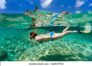 Split Photo Of Young Woman Snorkeling In Turquoise Ocean At Caribbean